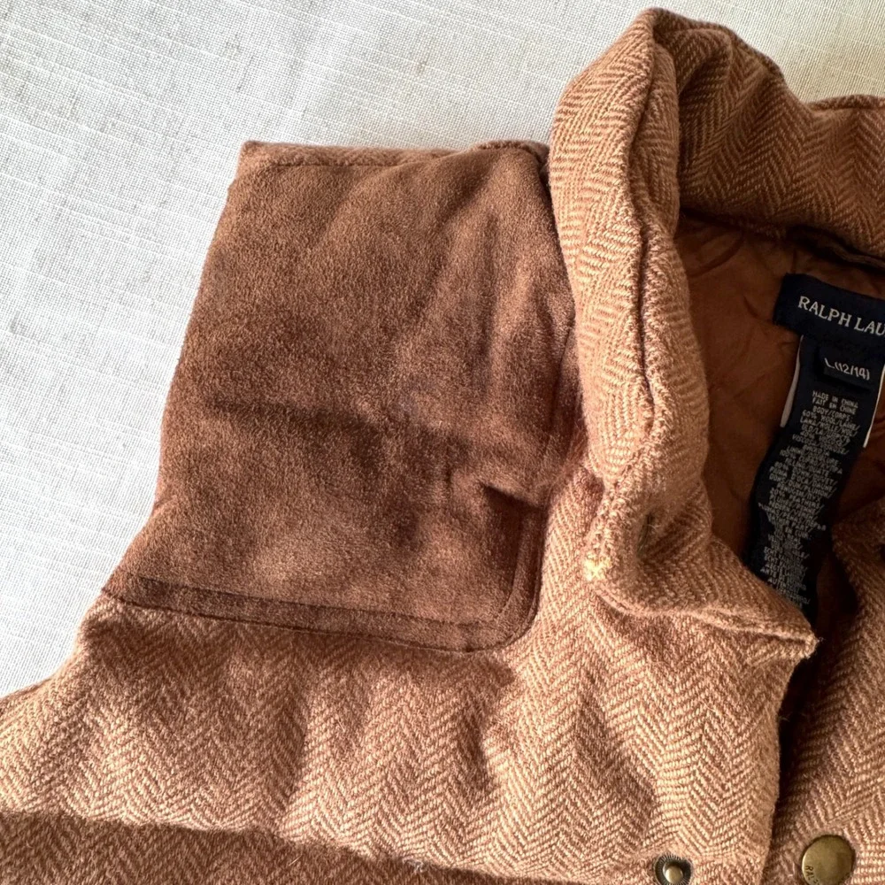 Ralph Lauren Girls L 12 14 Herringbone Wool Puffer Vest Equestrian Crest Suede